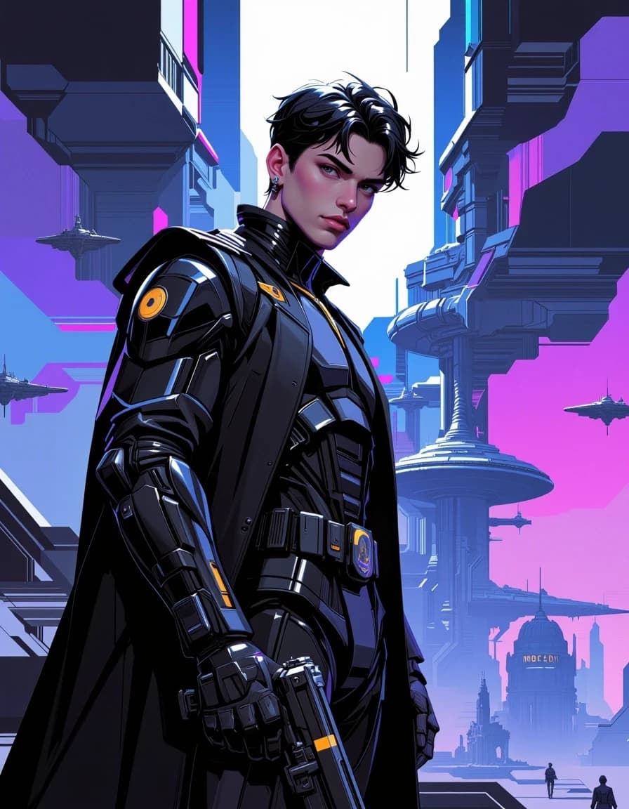 A masterpiece,  in the style of the 1980s, with bold lines, dynamic strokes and rich textures, on background with a touch of nostalgia, perhaps with subtle drawings inspired by cellulose and vintage, worn textures similar to paper, oil painting, by Christopher Ruocchio, designed as a premium space opera science-fiction thriller cover. A young Imperial operative standing in the foreground of a vast futuristic alien world, wearing sleek dark advanced armor and a high-tech military coat, with a serious determined expression. Behind him, an enormous alien city rises beneath a dramatic alien sky, with massive starships hovering above, distant planets, glowing towers and a mysterious galactic empire atmosphere. Add subtle elements of espionage and intrigue: holographic displays, futuristic data screens and shadowy figures suggesting a dangerous covert mission. Realistic cinematic sci-fi photography, epic space opera atmosphere, deep black space, metallic silver, dark blue, violet and golden energy tones, dramatic volumetric lighting, ultra-detailed futuristic design, strong contrast, premium bestselling science-fiction novel cover aesthetic, celshading, simple background