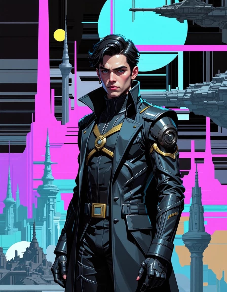 A masterpiece,  in the style of the 1980s, with bold lines, dynamic strokes and rich textures, on background with a touch of nostalgia, perhaps with subtle drawings inspired by cellulose and vintage, worn textures similar to paper, oil painting, by Christopher Ruocchio, designed as a premium space opera science-fiction thriller cover. A young Imperial operative standing in the foreground of a vast futuristic alien world, wearing sleek dark advanced armor and a high-tech military coat, with a serious determined expression. Behind him, an enormous alien city rises beneath a dramatic alien sky, with massive starships hovering above, distant planets, glowing towers and a mysterious galactic empire atmosphere. Add subtle elements of espionage and intrigue: holographic displays, futuristic data screens and shadowy figures suggesting a dangerous covert mission. Realistic cinematic sci-fi photography, epic space opera atmosphere, deep black space, metallic silver, dark blue, violet and golden energy tones, dramatic volumetric lighting, ultra-detailed futuristic design, strong contrast, premium bestselling science-fiction novel cover aesthetic, celshading, simple background