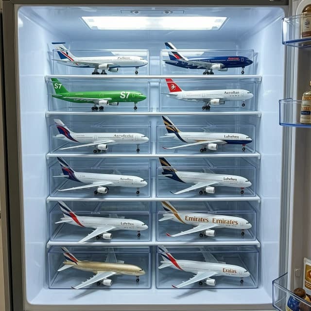 POV photo of an open refrigerator interior, but instead of food, all shelves are tightly packed with miniature airplane models in plastic transparent containers. Visible liveries: Pulkovo Tu-154, S7 green A321, Aeroflot A350, Lufthansa B747, Emirates A380. The fridge is glowing with cold white light, highly detailed 3d render, realistic textures, aviation enthusiast collection.