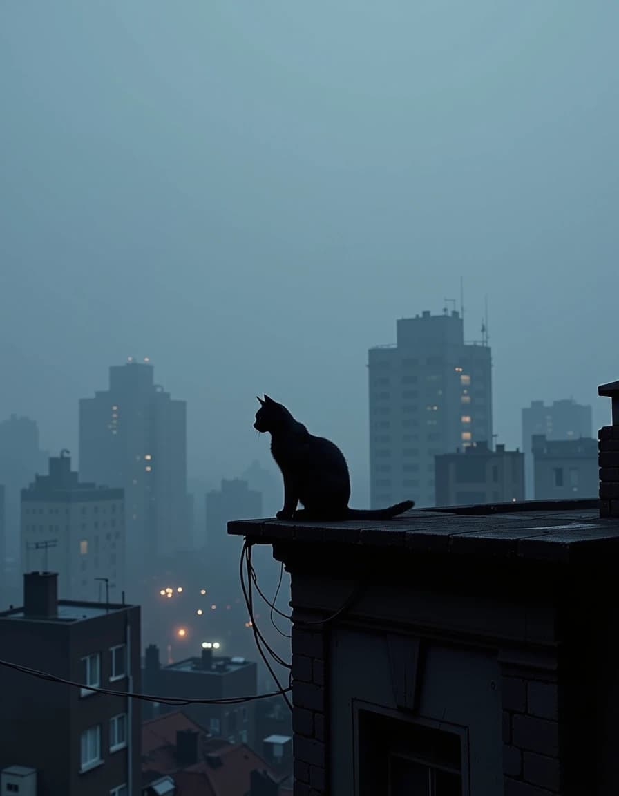 Symbolic moody scene, black cat sitting on rooftop edge, thick fog, distant city lights through mist. Consistent black cat design. Cat fading into fog gradually. Minimal details, dark blue and grey palette with warm window lights. Very slow camera movement, static wide shot with subtle zoom, soft haze. No melting or warping effects. Atmospheric, melancholic. 16:9, 14 seconds.