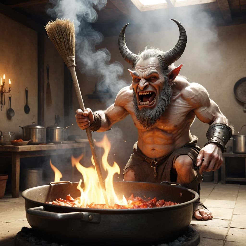 In the style of Jean Baptiste Monge, caricature grotesque humor, devils frying a sinner on a giant frying pan in hell, and the sinner is happily steaming himself with a birch venik broom as if in a banya, funny absurd scene, 4K ultra detailed, hyperrealistic photorealistic not cartoon, ultra dynamic constant motion no static, hyperdetailed 8K masterpiece, devils poking with pitchforks, flames and smoke, sinner relaxed with birch broom, comical expression, cinematic lighting, clear sharp image of whole scene, smooth fluid motion, perfect anatomy no extra limbs no distortion, humorous joyful mood, no negativity