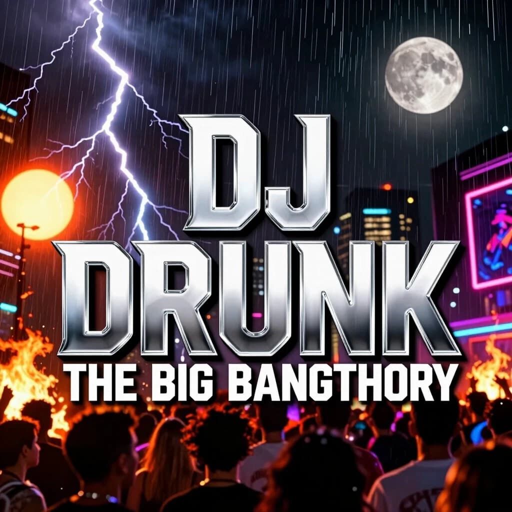 Trendy 2026 EDM album cover art, 1:1 aspect ratio. Background is a dark, photorealistic cinematic collage of chaotic elements: heavy rain and lightning clashing with burning fire, a crowded neon night city rave, a glowing sun on one side and a full moon on the other. In the center, a massive, ultra-bold extended futuristic text reads exactly: "DJ DRUNK' - THE BIG BANG THEORY". The font is clean, solid, with a glossy liquid chrome texture that reflects the background lights. Sharp edges, high contrast, professional electronic music branding, premium look.