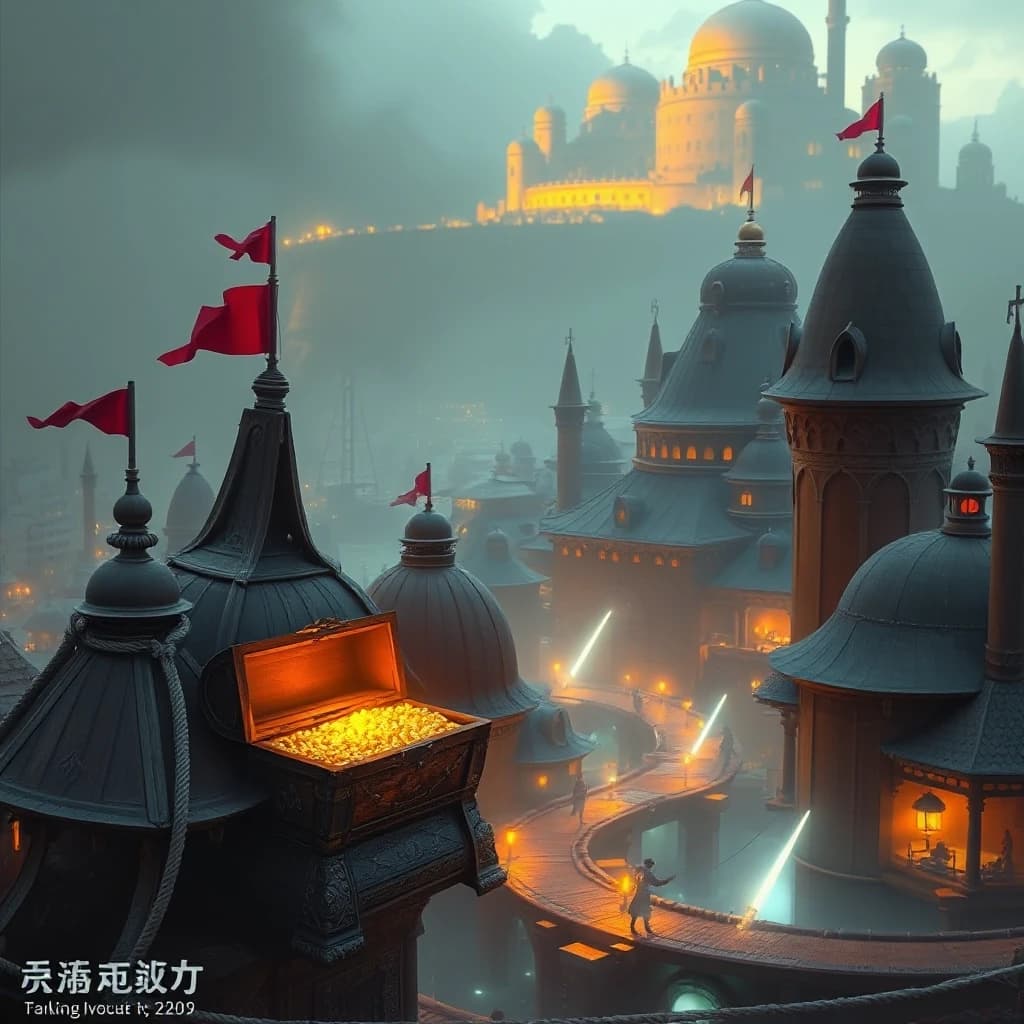 stylized by Ruan Jia, Ismail Inceoglu, landscape of a (Geonosis:1.1) , it is 1700'S and Melancholy, exotic, pirate themed, chest full of gold Short exposure, compact camera, Depth of field 270mm, Vivid Colors, Well-visualised, cityscape, expressive, sci-fi, pure, enhanced quality, perfect composition, complex, magical atmosphere