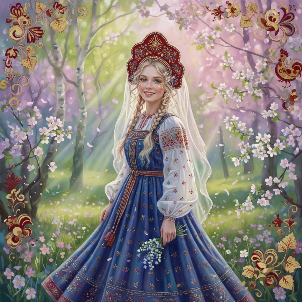 Russian Russians: A detailed portrait of a young woman of Slavic appearance from the 16th century in a traditional long Russian sundress and a traditional Russian cocoanut headdress, with blonde hair against the background of a spring blooming forest, in full growth. In the Glitter style: magical realism, natural symphony, shapes dissolve into color, lines flow like water, translucent layers with a watercolor texture, intricate ornaments at the corners of the composition.
High quality, 4k, octane, cinematic lighting, dramatic composition, eyes with increased detail, delicate skin texture, professional photography, depth of field, Leica camera, artstation trends, spectacular lighting, mystical atmosphere, detailed textures, volumetric lighting, works by Viktor Vasnetsov and Ivan Bilibin, gouache painting style, style Russian fairy tales, photorealism. An atmosphere of joy and serenity.