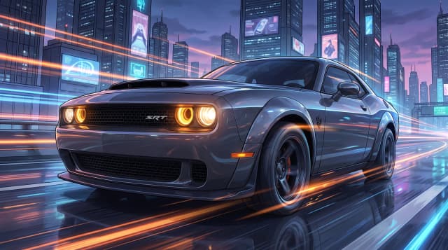 Dodge Challenger SRT Demon 170, едет по дороге, эпичный ракурс, горящие фары, шедевр, крупный план, стиль аниме с реалистичными деталями, киберпанк,