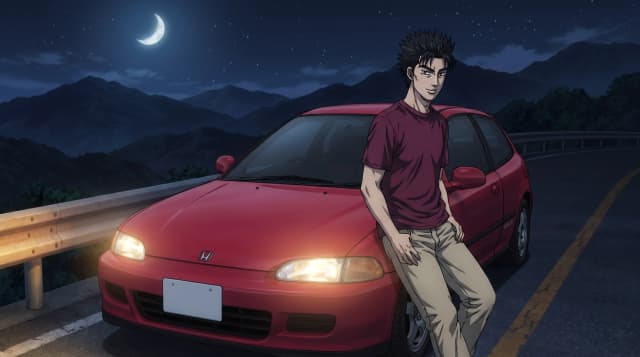 Initial D (Аниме), Синго Сёдзи (парень в бордовой футболке и в бежевых штанах, средние черные волосы, уверенный взгляд) стоит радом с красной Honda Civic SiR-II (EG6), стоит на горной дороге, на фоне японских гор, ночь с луной, шедевр, крупный план, стиль аниме с реалистичными деталями