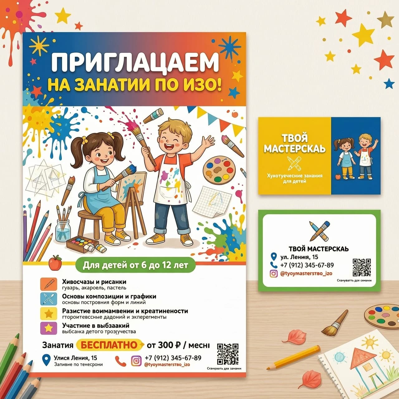 "Творческая мастерская" Крупный, яркий, игровой шрифт: ПРИГЛАШАЕМ 
 НА ЗАНЯТИЯ ПО ИЗО![ЦЕНТР: Визуальный блок]Здесь располагается сгенерированный рисунок (яркие брызги красок, карандаши, довольный рисующий ребенок).[НИЖНЯЯ ЧАСТЬ: Для кого и что будет]Выделено цветом или плашкой: Для детей от 6 до 12 летСписком (крупно и понятно):🖌️ Живопись и рисунок (гуашь, акварель, пастель)📐 Основы композиции и графики✨ Развитие воображения и креативности🖼️ Участие в выставкахЗанятия [БЕСПЛАТНО / цена]📍 Адрес: [Улица Ленина, 15📞 Запись по телефону ]🌐 Наш Инстаграм.Добавить в плакат рисующую девочку и рисующего мальчика. Добавить такие же визитки.Фирменный стиль: афиша и визитки