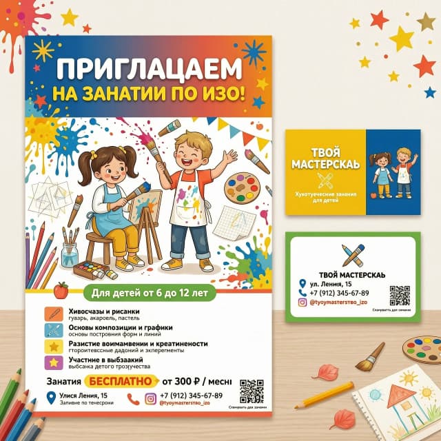 "Творческая мастерская" Крупный, яркий, игровой шрифт: ПРИГЛАШАЕМ 
 НА ЗАНЯТИЯ ПО ИЗО![ЦЕНТР: Визуальный блок]Здесь располагается сгенерированный рисунок (яркие брызги красок, карандаши, довольный рисующий ребенок).[НИЖНЯЯ ЧАСТЬ: Для кого и что будет]Выделено цветом или плашкой: Для детей от 6 до 12 летСписком (крупно и понятно):🖌️ Живопись и рисунок (гуашь, акварель, пастель)📐 Основы композиции и графики✨ Развитие воображения и креативности🖼️ Участие в выставкахЗанятия [БЕСПЛАТНО / цена]📍 Адрес: [Улица Ленина, 15📞 Запись по телефону ]🌐 Наш Инстаграм.Добавить в плакат рисующую девочку и рисующего мальчика. Добавить такие же визитки.Фирменный стиль: афиша и визитки