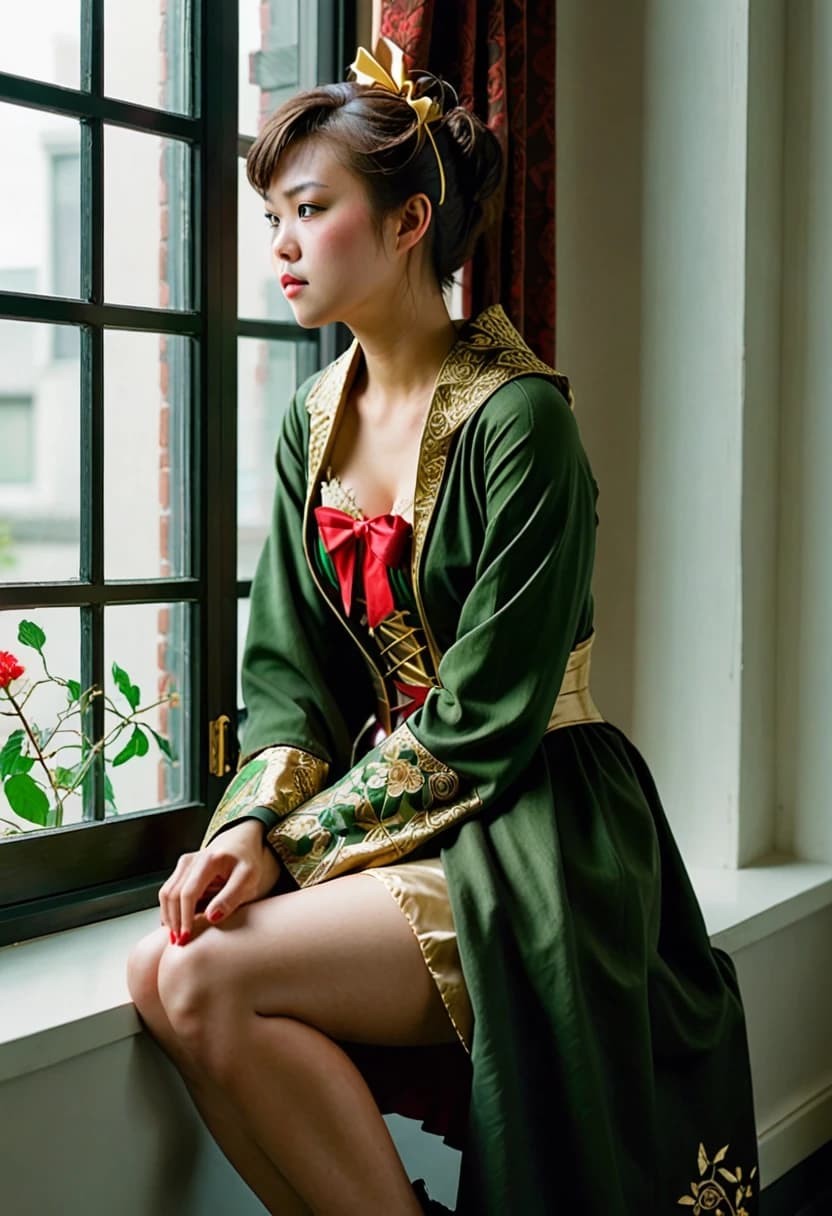 A young adult East Asian-looking woman with short brown hair and fair skin, seated elegantly on a windowsill in profile, body slightly turned, left hand resting on her left knee, right hand hanging naturally beside her thigh, gazing toward the left window. She wears a green cloak over a dark brown corset-style top with gold floral embroidery, a large red bow at the waist, and a long cream-colored skirt with black vine-like lace trim along the hem; her right arm features a metallic bracer and leather gloves, and a brown leather pouch with lacing hangs at her hip. The background is a large wooden-framed multi-pane window revealing lush green foliage outside, with sunlight streaming in from upper-left, casting soft highlights and gentle shadows across her figure. To her left on the sill sits an ornate oval mirror with carved frame; to her right, a small potted plant; foreground vines drape down on both sides, adding depth and natural framing. Medium shot, eye-level to slightly low angle, subject centered-right with ample negative space on the right for environmental context. Art style: Japanese fantasy illustration with visible brushwork and painterly texture, not photorealistic—digital painting with watercolor-like bleed and soft edges. Color palette dominated by emerald green, cream, earthy brown, with warm yellow highlights and cool green-gray shadows. Likely generation intent: faithfully reconstruct the 'Emerald Herald' character from Dark Souls II in a serene indoor setting, emphasizing costume accuracy, mood, and visual storytelling.