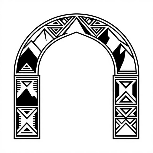 Create a single-color decorative ornamental design in the shape of two symmetrical halves of an arch. The ornament should follow the curved silhouette of an open arch, with the left and right sides mirroring each other and leaving the central area completely empty.

Fill both halves with an intricate geometric pattern inspired by mountains and traditional ornamental motifs: stylized mountain peaks, angular lines, triangles, diamonds, zigzags, stepped geometric shapes, and repeating decorative elements. The pattern should gradually follow the curvature of the arch and create a harmonious, sophisticated composition.

The ornament must be monochrome, with clean, crisp graphic lines and a refined vector-style appearance. Maintain balanced visual density and clear symmetry between both sides.

White background, one solid color for the ornament only. No gradients, no shadows, no realistic landscape, no text, no objects, no frame, no additional decorations. Clean contours, precise geometry, elegant ornamental design, high-resolution vector-like graphic.