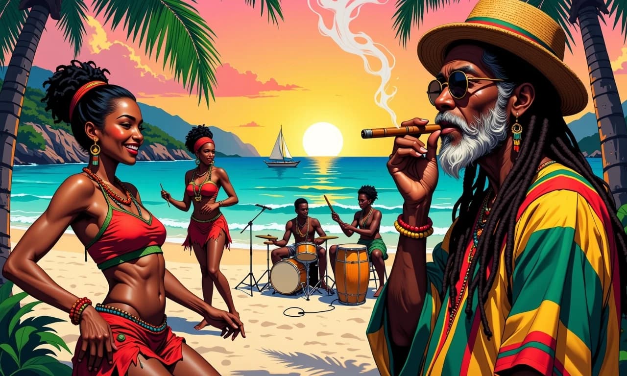 A masterpiece,  in the style of the 1980s, with bold lines, dynamic strokes and rich textures, on background with a touch of nostalgia, perhaps with subtle drawings inspired by cellulose and vintage, worn textures similar to paper, oil painting, Ultra-detailed vibrant Caribbean beach festival scene at golden hour, wide cinematic composition, deep depth of field, warm saturated colors and dramatic rim lighting. Foreground right: older Rastafarian man with long dreadlocks, colorful knit Rasta hat, round sunglasses, beaded bracelets, smoking a large hand-rolled cigar — wisps of smoke curling into the sky. Midground left: two joyful Afro-Caribbean women dancing in colorful red, green, yellow patterned crop tops and skirts, layered bead necklaces and hoop earrings, hair wrapped in matching headscarves, dynamic motion, expressive smiles. Center: small band of musicians seated on drums and acoustic guitar, playing on sand, loose tropical clothing, relaxed communal vibe. Background: turquoise ocean with gentle waves, sailboat on horizon, lush green palm trees and cliffs, glowing orange and pink sunset sky.  Rich texture, painterly yet photorealistic detail, high-resolution, filmic contrast, lively cultural atmosphere, poster-quality composition. celshading, simple background