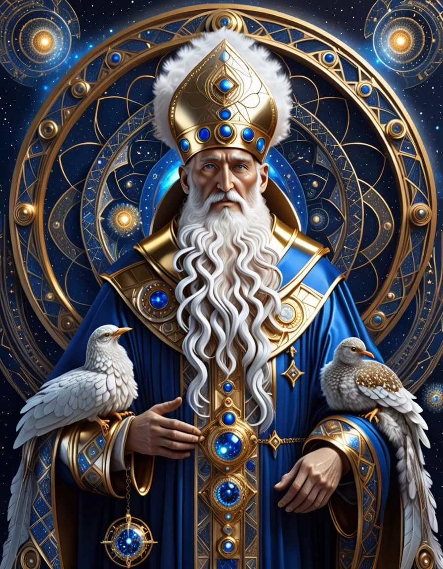 Святой Николай Чудотворец. Style: magical cyber-realism, aesthetics of quantum shamanism, sacred fractal geometry, cinematic volumetric light, cosmic mysticism, detailed plumage, deep blue, gold, and silver tones, no wooden frames, no paper imitation, aspect ratio 16:9.х.
