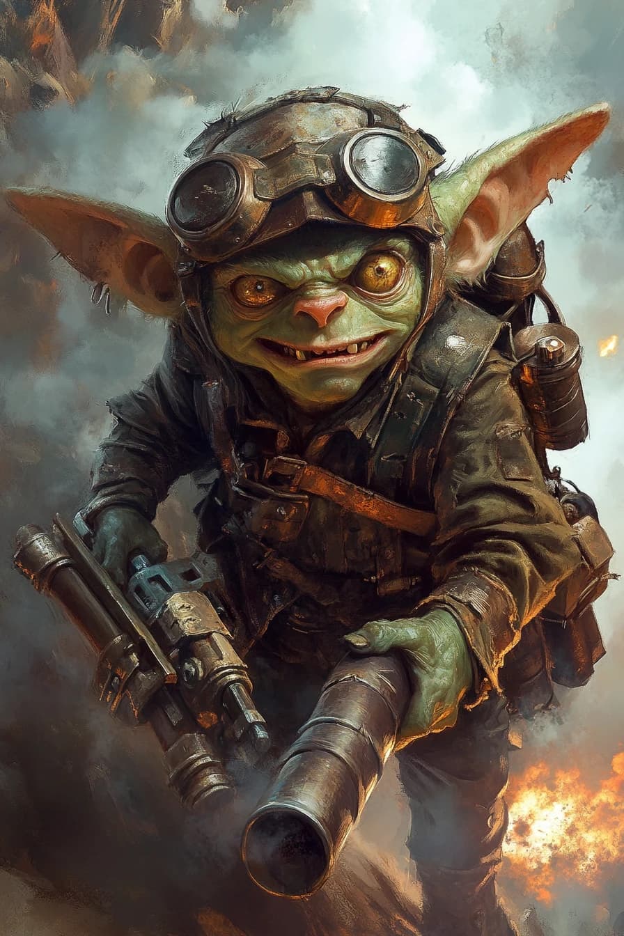 Fantasy character portrait, male goblin, green skin, tiny, shaking hands, wide crazy eyes, covered in soot, wearing scrap metal helmet, holding a homemade rocket launcher, background explosion smoke, chaotic fun style, cartoonish but dark, art by Wayne Reynolds, --ar 2:3

--style raw --stylize 200