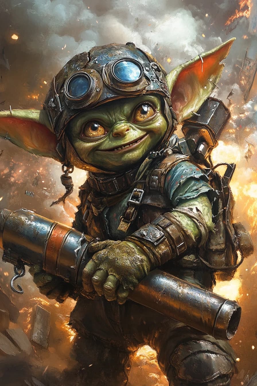 Fantasy character portrait, male goblin, green skin, tiny, shaking hands, wide crazy eyes, covered in soot, wearing scrap metal helmet, holding a homemade rocket launcher, background explosion smoke, chaotic fun style, cartoonish but dark, art by Wayne Reynolds, --ar 2:3

--style raw --stylize 200