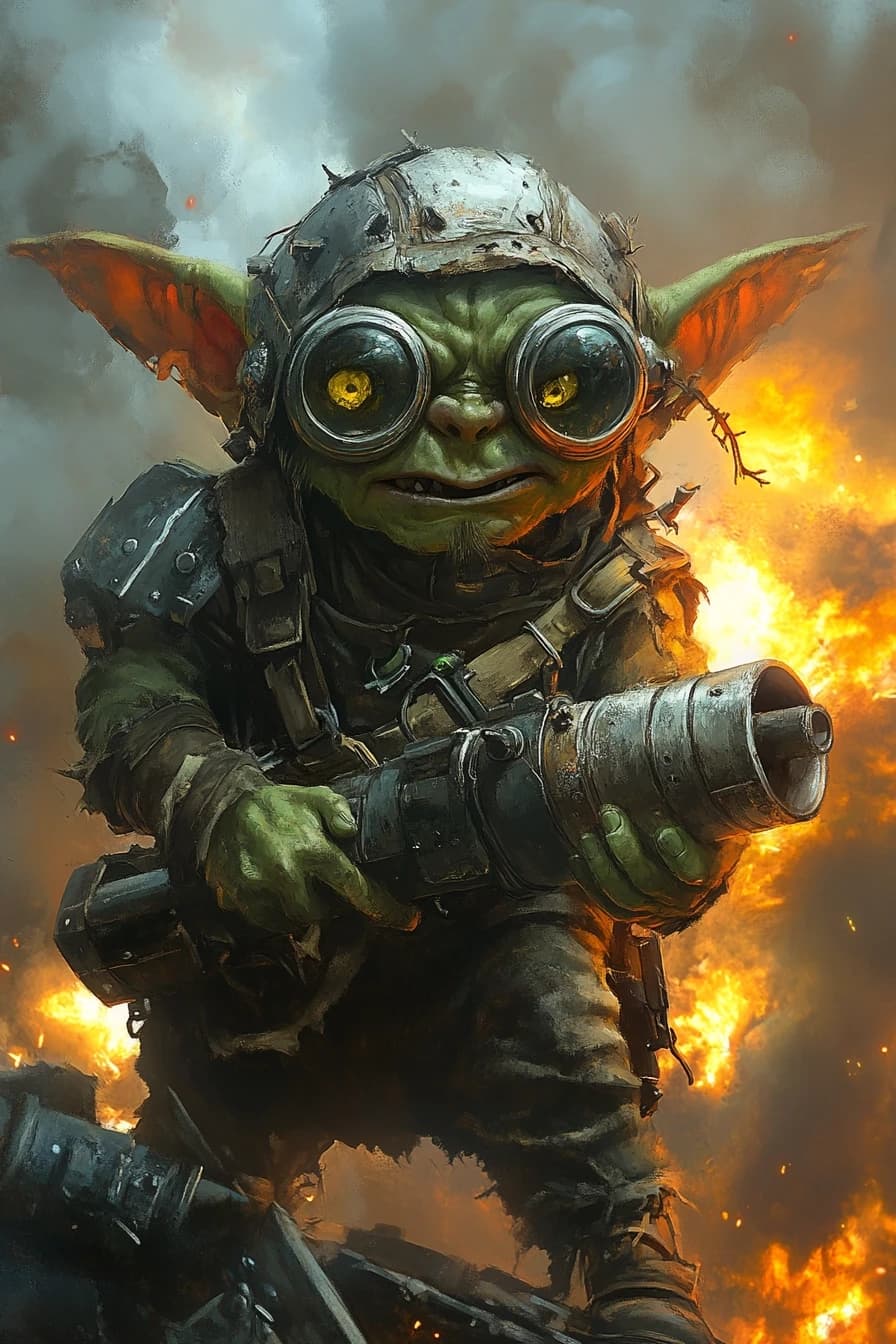 Fantasy character portrait, male goblin, green skin, tiny, shaking hands, wide crazy eyes, covered in soot, wearing scrap metal helmet, holding a homemade rocket launcher, background explosion smoke, chaotic fun style, cartoonish but dark, art by Wayne Reynolds, --ar 2:3

--style raw --stylize 200