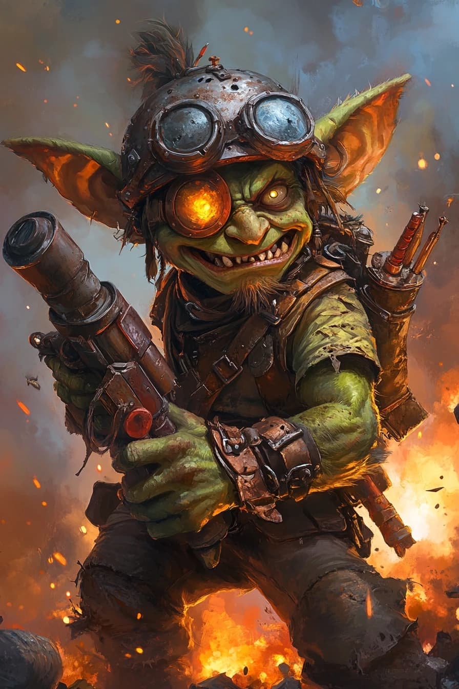 Fantasy character portrait, male goblin, green skin, tiny, shaking hands, wide crazy eyes, covered in soot, wearing scrap metal helmet, holding a homemade rocket launcher, background explosion smoke, chaotic fun style, cartoonish but dark, art by Wayne Reynolds, --ar 2:3

--style raw --stylize 200