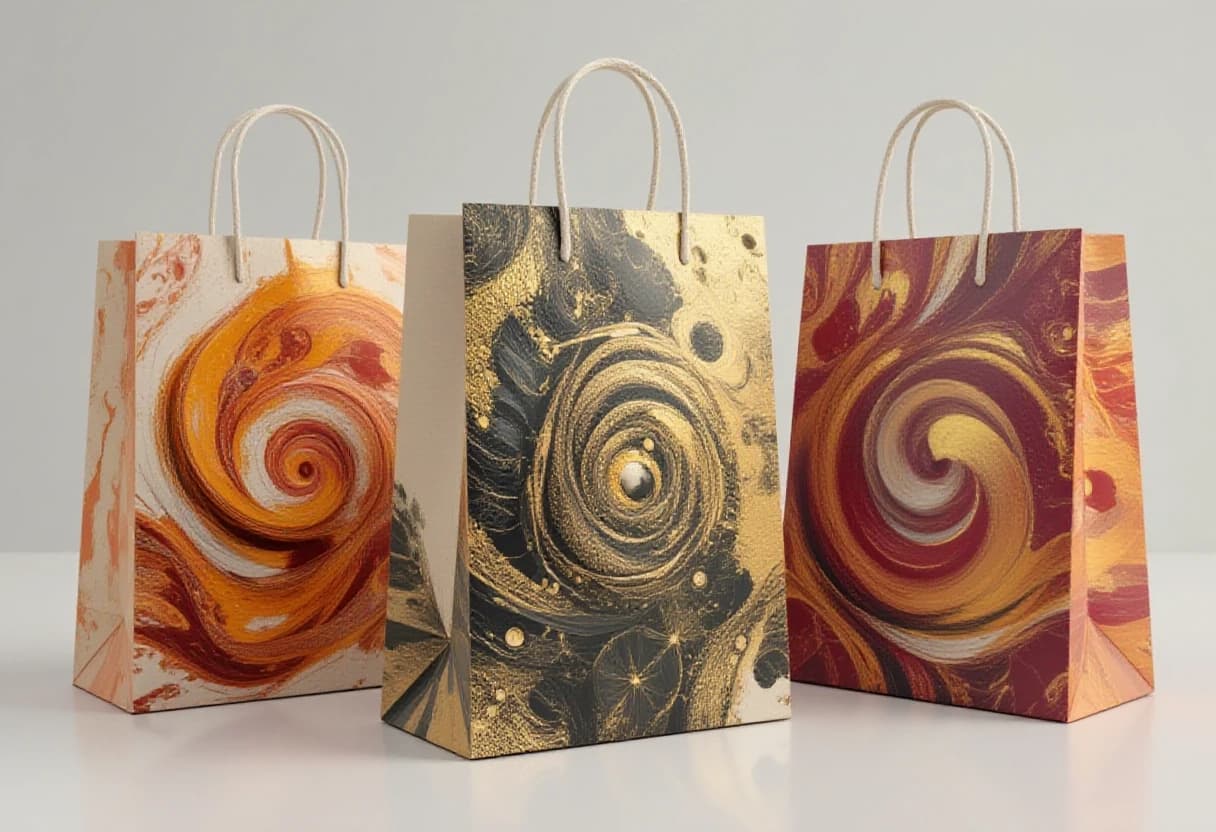 Photorealistic studio shot of three tall paper shopping bags with white rope handles on a clean light neutral background. 

Left bag in Muted Clay palette (soft terracotta, warm clay, dusty earth tones). Center bag in Burnt Olive (deep olive green, golden-olive). Right bag in Red Mahogany (rich dark red-brown, burgundy mahogany).

All bags feature the same expressive flowing composition of thick oil paint strokes mixed with liquid gold and liquid silver. The metallic strokes are glossy, reflective, with bright specular highlights, soft reflections and realistic metal reflexes, beautifully blended with the painterly oil texture.

Luxury artistic jewelry exhibition packaging, high detail, professional lighting.