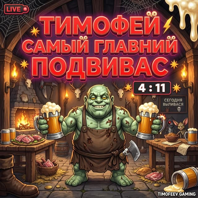 Огромный толстый зомби-мясник в стиле Пуджа из Доты 2 сидит в таверне и держит в руках две большие кружки пенного пива с белой пеной. Вокруг него атмосфера темного фэнтези. Сверху картинки добавлен огромный, жирный 3D текст ярко-красного цвета "ТИМОФЕЙ САМЫЙ ГЛАВНЫЙ ПОДПИВАС". Рядом четкий красный игровой счет "4:11". Весь текст выполнен в агрессивном геймерском стиле, с сочным неоновым свечением. Высокое разрешение, стиль превью для YouTube, 8k.
