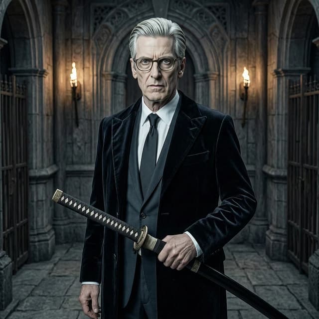A photo of a 53-year-old aristocratic man, looking like actor Peter Capaldi as Randall Brown. He has sharp, severe facial features, pale skin, and neat, straight gray hair. He is wearing elegant eyeglasses, through which his piercing gray eyes look coldly and intelligently. He is dressed in a dark, impeccably tailored office suit and a luxurious black velvet coat. He holds a traditional Japanese katana sword in his hand. Dark gothic atmosphere, cinematic lighting, photorealistic, 8k, highly detailed. --ar 16:9