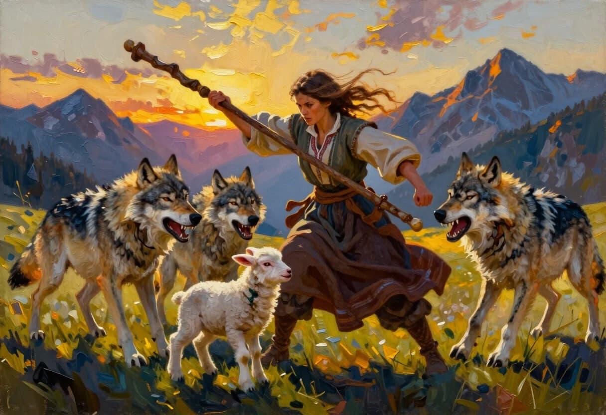 concept art A mountain shepherdess fiercely fights off three aggressive angry wolves with her staff, protecting a little lamb.  Her hair flutters in the wind, her traditional clothes, her determined expression.  High alpine meadow at sunset, golden light against cold shadows, dramatic scene, cinematic lighting, epic realism, highly detailed, digital artwork, illustrative, painterly, matte painting, highly detailed, Greg Rutkowski concept art, epic fantasy, dramatic lighting, painterly, highly detailed, vibrant colors, dynamic composition, WLOP, melancholic, palette knife oil painting, bold strokes, thick texture, dramatic, expressive, chunky paint application, modern technique, photorealistic, 4K resolution, pastel colors, deep depth of field, cinematic lighting