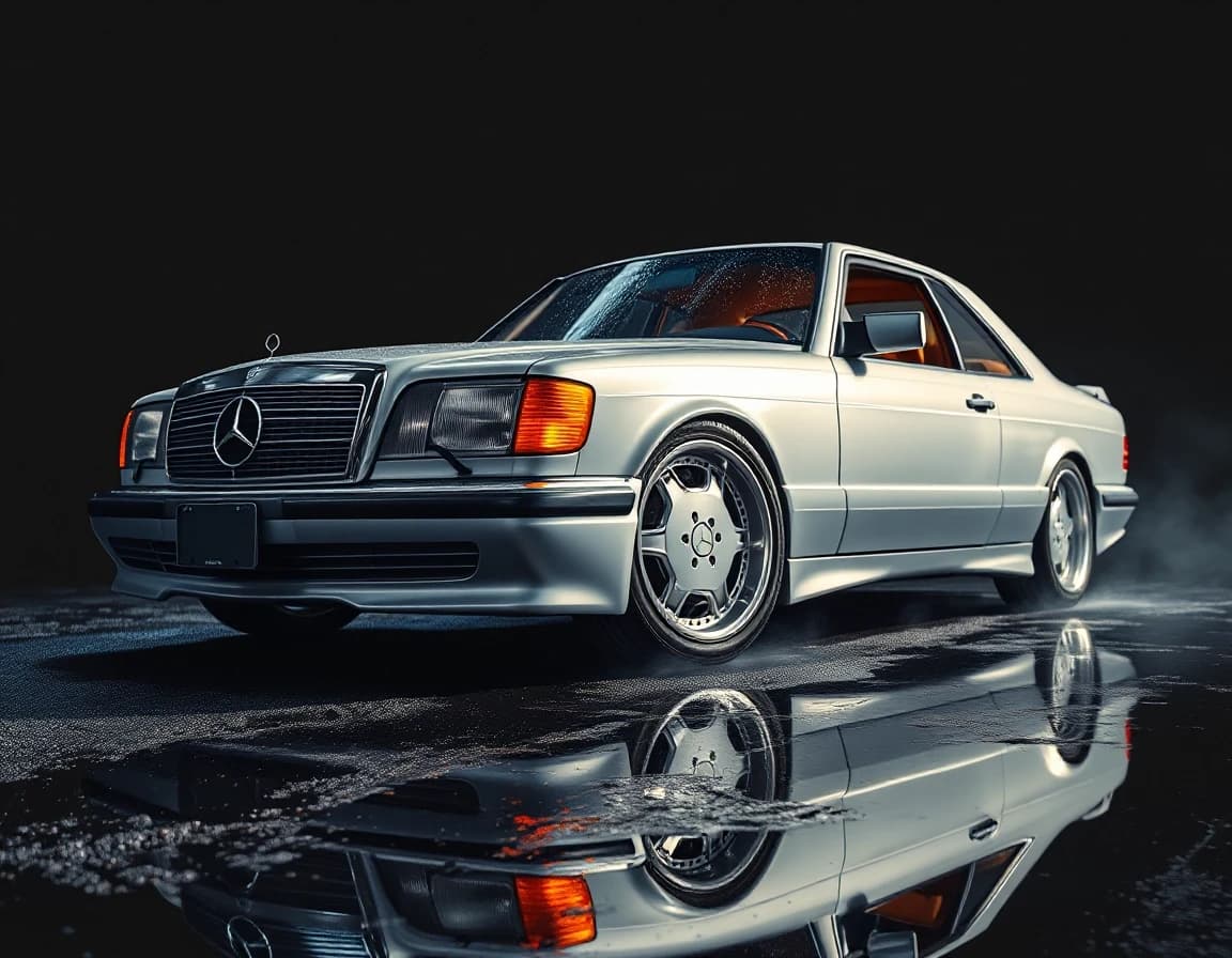 Subject: Mercedes-Benz 560 SEC W126 AMG widebody coupe, two-door
Color: silver metallic body, polished, deep reflective paint finish
Wheels: AMG Gullideckel monoblock wheels, silver multi-spoke deep-dish design, low-profile tires, lowered stance
Body modifications: genuine AMG widebody flares, AMG front bumper with integrated foglights and lip spoiler, AMG side skirts, rear AMG bumper with subtle ducktail spoiler on trunk
Details: chrome vertical grille with large Mercedes star, amber/orange front turn signal lenses, rectangular sealed headlights
Angle/Perspective: low front 3/4 angle, near ground level, dramatic upward sweep emphasizing long flat hood and wide stance
Lighting: single dramatic side-top light source, deep shadows, chiaroscuro style, headlights subtly glowing warm white
Background: pure black, no environment details, studio void
Ground surface: wet asphalt, reflective, scattered raindrops
Reflection: sharp mirror reflection of car and lights on wet ground
Atmosphere: subtle fog/haze in background
Color grading: high contrast, cool silver tones against deep black, warm amber accents from turn signals, cinematic
Mood: elegant, powerful, timeless luxury aggression, "Gentleman's muscle car"
Camera: wide-angle lens feel, slight distortion emphasizing long hood and width
Quality: photorealistic, automotive magazine cover quality, 8k detail, sharp focus on wheel and grille details
Composition: vertical/portrait orientation, car centered slightly left, long hood leading into frame