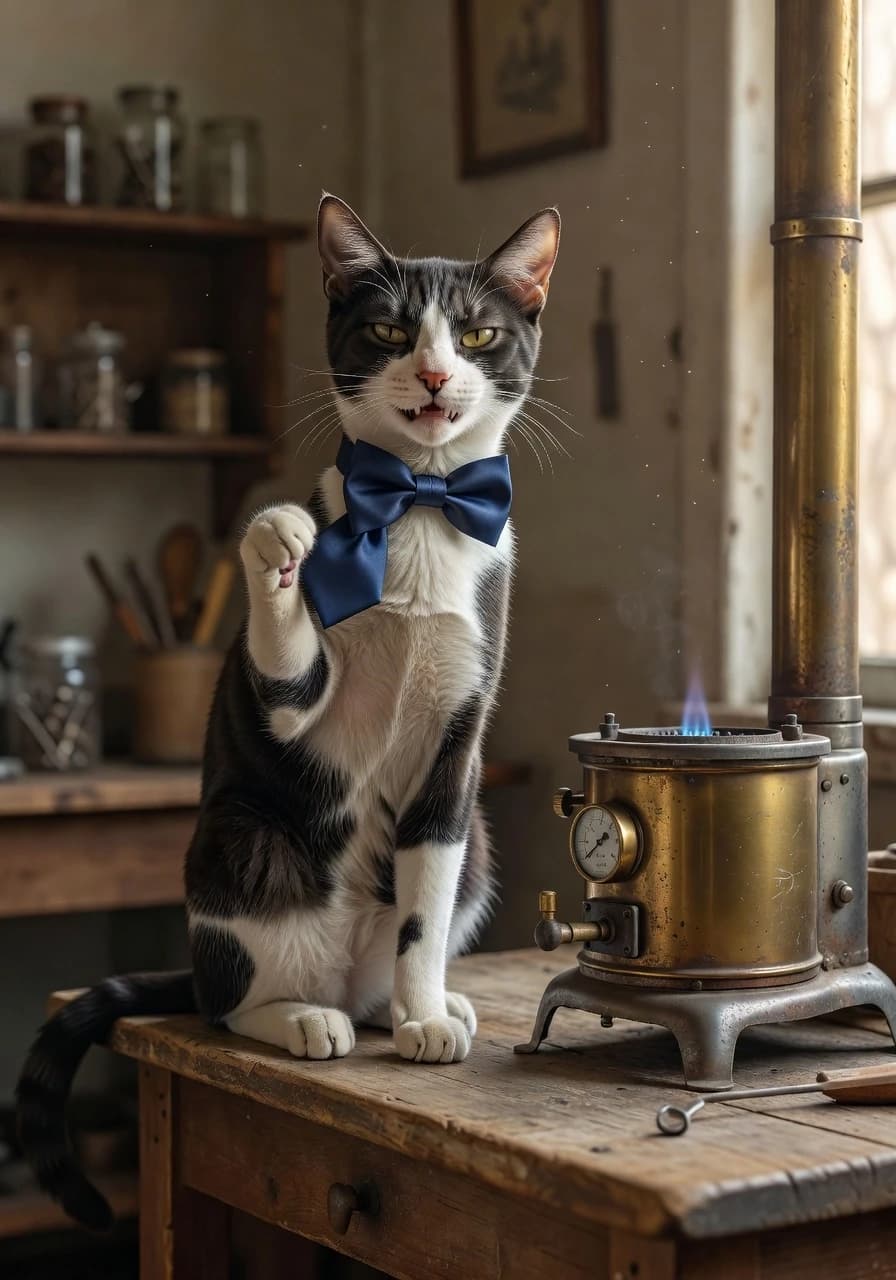 кота сделать на 20% менее толстым. примус должен быть более реалистичным.  кот менее злобный поправляет бабочку, с наглым, но игривым видом.