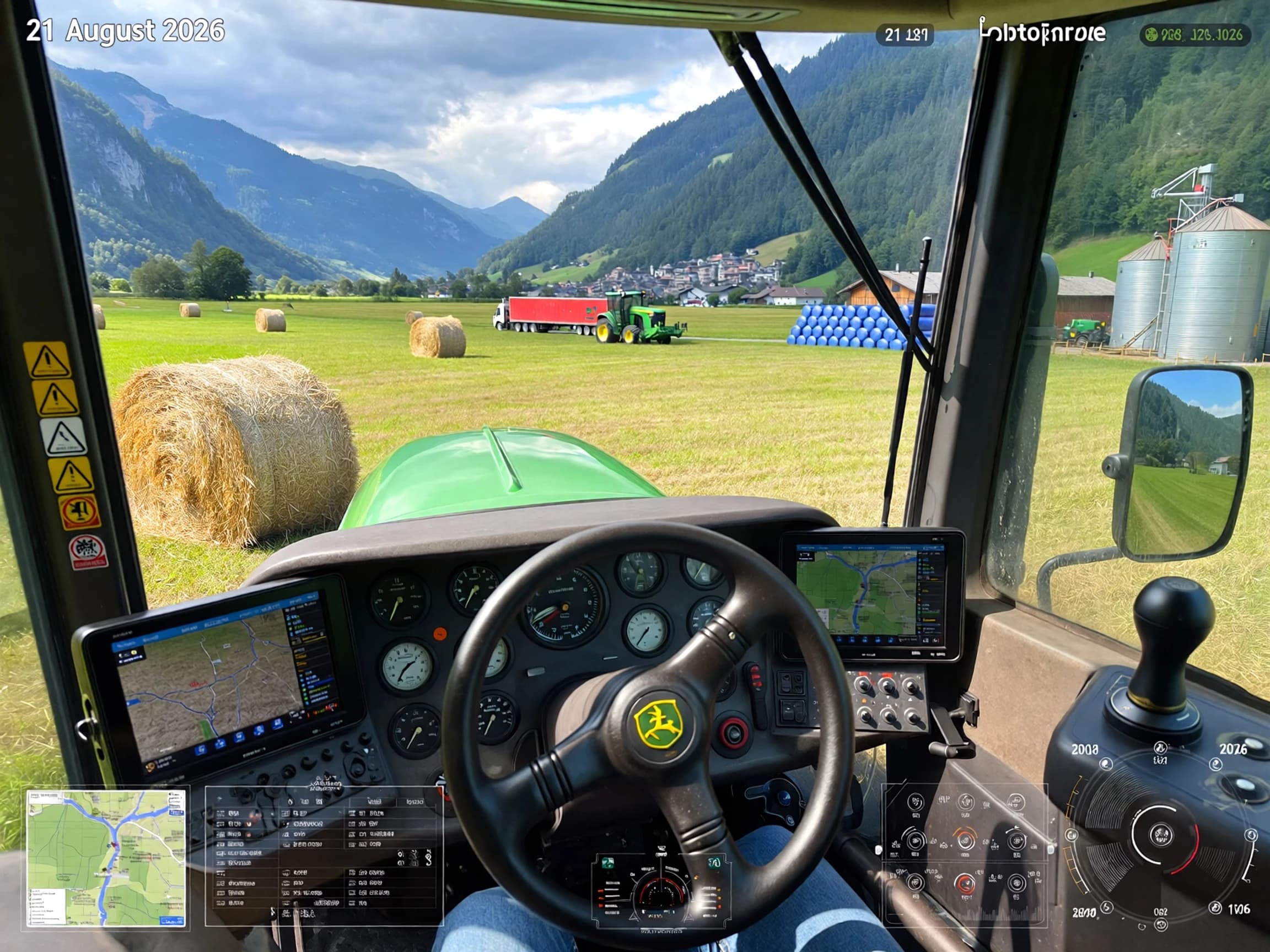 A detailed, first-person view from inside the cabin of a green John Deere agricultural tractor, looking out over a wide, sunlit green field in an alpine valley. The tractor hood is visible in the foreground. The cabin interior features a detailed dashboard with a multi-spoke steering wheel adorned with the John Deere logo, complex analog dials, and two large digital monitors displaying detailed GPS maps, farm data, and equipment status. A smaller mini-map is in the lower-left corner of the screen. The right-side control armrest with a joystick and side window are visible, alongside a detailed side mirror and vertical safety warning stickers on the left door frame. In the distance across the field is a collection of objects and vehicles: multiple large stacks of round hay bales (tan colored), several large stacks of wrapped blue bales, a long red articulated semi-trailer truck with a container, a green farm equipment implement, a distant village of multi-story buildings, and a large metal storage silo and other farm structures. The entire scene is framed by densely forested, steep mountains under a partly cloudy sky. The on-screen game HUD elements are visible, including the game time, date (21 August 2026), and currency balance in the top corners, and an intricate speed and status cluster in the bottom right, and mini-map in bottom left. The window has minor smudges and reflections. The atmosphere is clear and pastoral, under natural daylight.