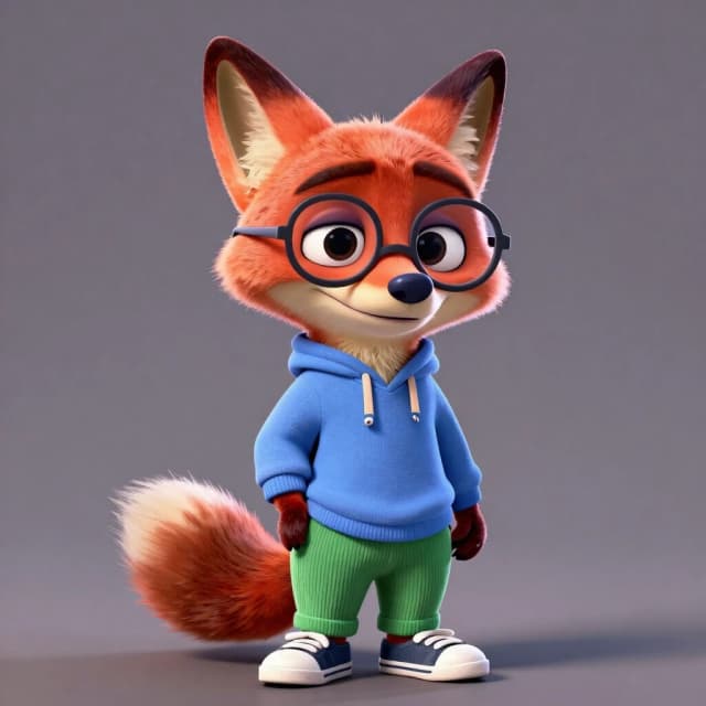 3D cartoon character funny fox in green corduroy pants, blue sweatshirt, sneakers on paws, glasses on muzzle. Background is gray with soft lighting creating subtle shadows on facial features. Style imitates Pixar animation with detailed textures and expressive facial expressions