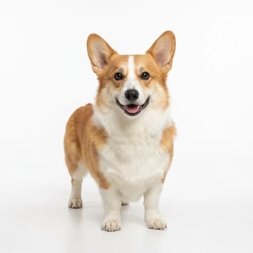 create a photo, a corgi dog, friendly, standing, looking at the viewer, studio lighting, white background. High-quality photo, 300 dpi