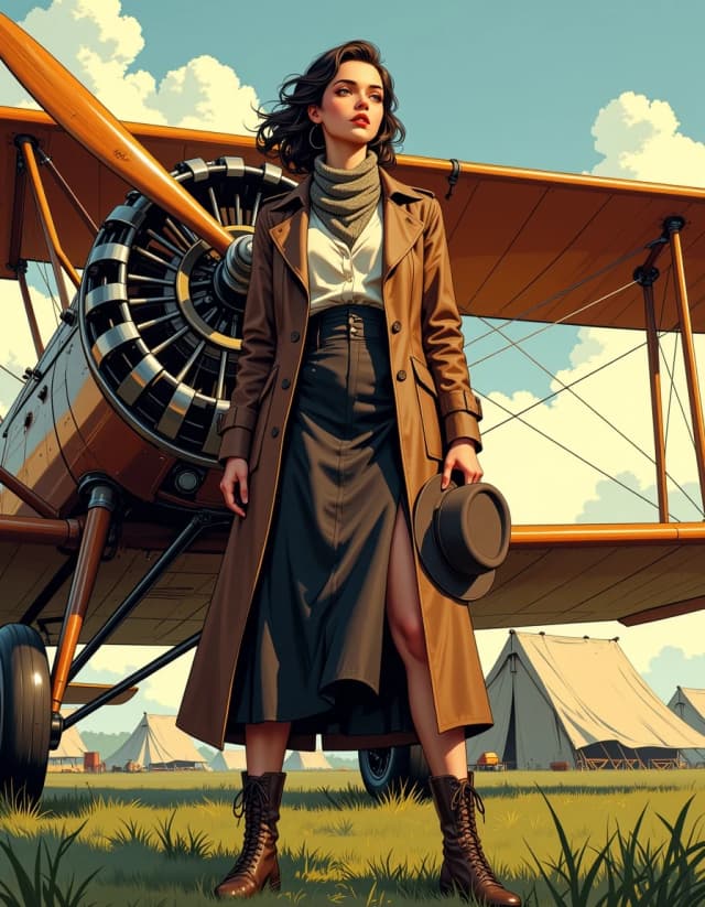 A masterpiece,  in the style of the 1980s, with bold lines, dynamic strokes and rich textures, on background with a touch of nostalgia, perhaps with subtle drawings inspired by cellulose and vintage, worn textures similar to paper, oil painting, Full-body cinematic portrait of a confident 1920s female aviator standing in front of a wooden biplane with exposed radial engine and polished wooden propeller, wearing a long brown leather trench coat, cream silk blouse, high-waisted black skirt, knit scarf loosely draped, lace-up leather boots and holding a fedora hat; late golden hour sunlight casts warm rim light and long soft shadows across grass airfield and canvas tents in the background; composition slightly low-angle, subject centered, three-quarter pose, calm determined expression, soft wind tousling hair. Photorealistic, ultra-detailed textures on leather, wood grain, engine metal and fabric, shallow depth of field with creamy bokeh behind wings, sharp eyes and facial details, warm film tones (Kodak Portra-esque), subtle film grain, high dynamic range, rich contrast, cinematic color grading, natural skin tones, fine specular highlights on metal and wood, slightly desaturated greens in grass, overall nostalgic adventurous mood, 50mm-equivalent portrait framing, f/2.0 shallow focus, high resolution, polished editorial finish.