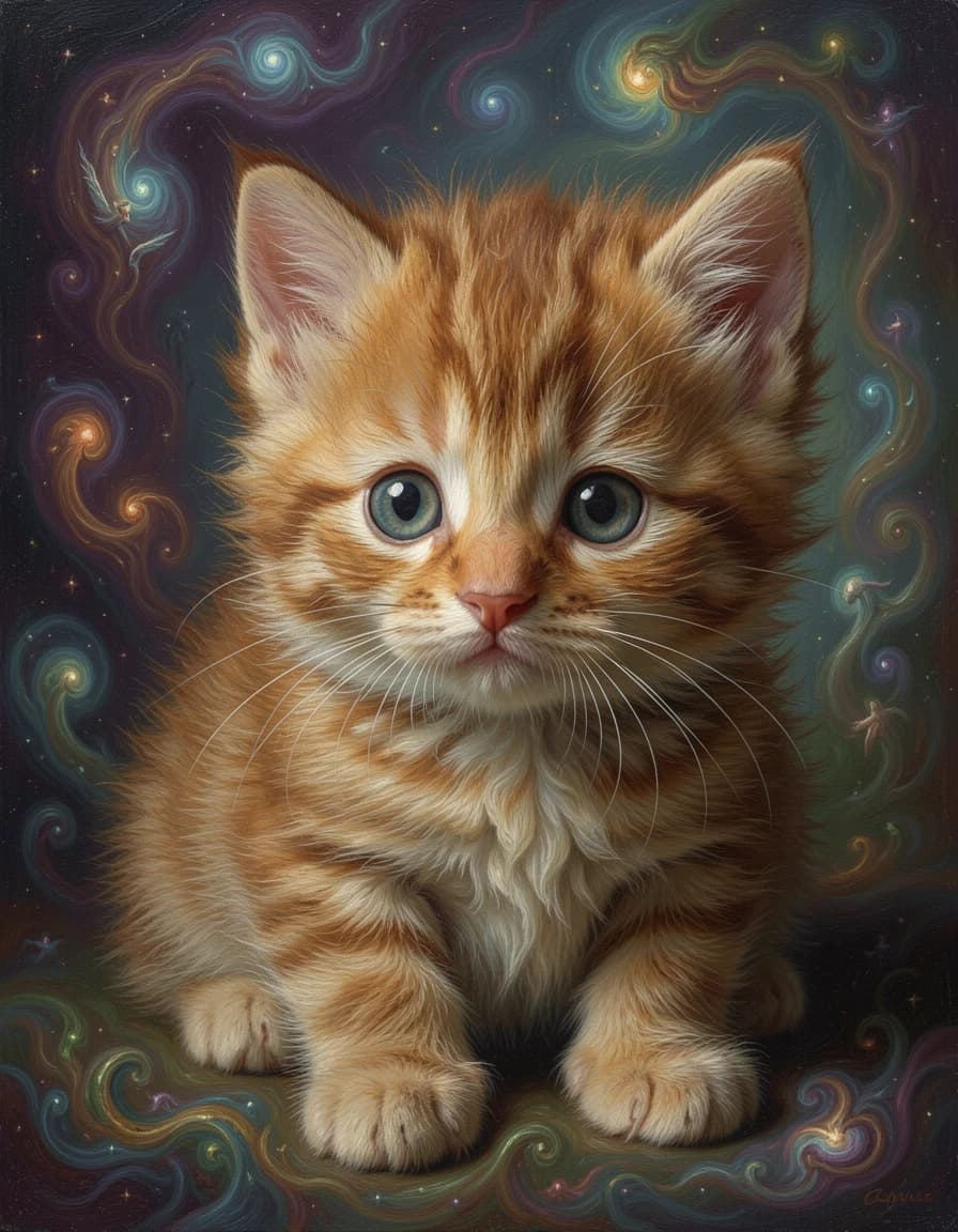 A masterpiece. Oil painting. ((Cute, fluffy kitten)). Close-up. High resolution. High quality. Increased attention to small details. Hyperrealistic surrealistic style, fantasy. Increased attention to the smallest details and texture. The author is Repin.