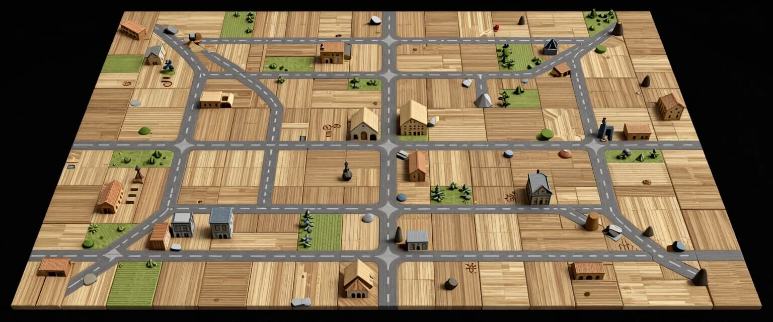 You're well-versed in the board game "Carcassonne". And you know exactly what it looks like. You need to create a "Carcassonne"-themed desktop background, without overthinking it, from a top-down perspective. A top-down view of the game map: fields, towns, roads, and monasteries, resembling "Carcassonne" tiles arranged like a square mosaic. Subtle muted colors, realistic lighting, wood and stone textures, a minimalist style, and a 16:9 aspect ratio create a calm atmosphere.