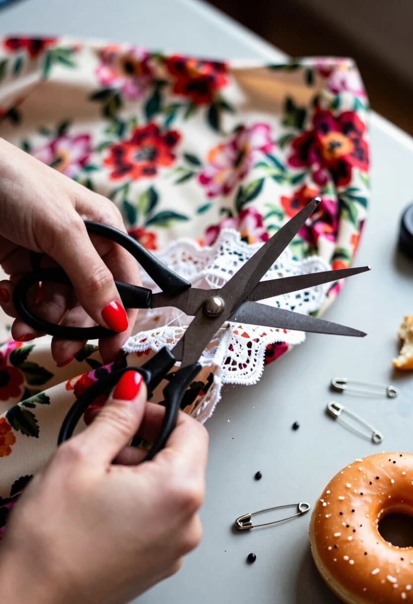 A hyper-realistic macro shot of a "fashion disaster" turning into a masterpiece. A pair of hands with bright red nail polish is boldly cutting a vintage, oversized floral dress with heavy industrial shears. The camera is positioned extremely close to the fabric, capturing the exact moment the scissors slice through the lace, with tiny threads flying in the air. Around the dress are scattered safety pins, chalk marks, and a half-eaten donut on a sewing table. High-speed photography, 8k, shot on 85mm macro lens, vivid colors, playful energy, sharp focus on the cutting edge, cinematic lighting.