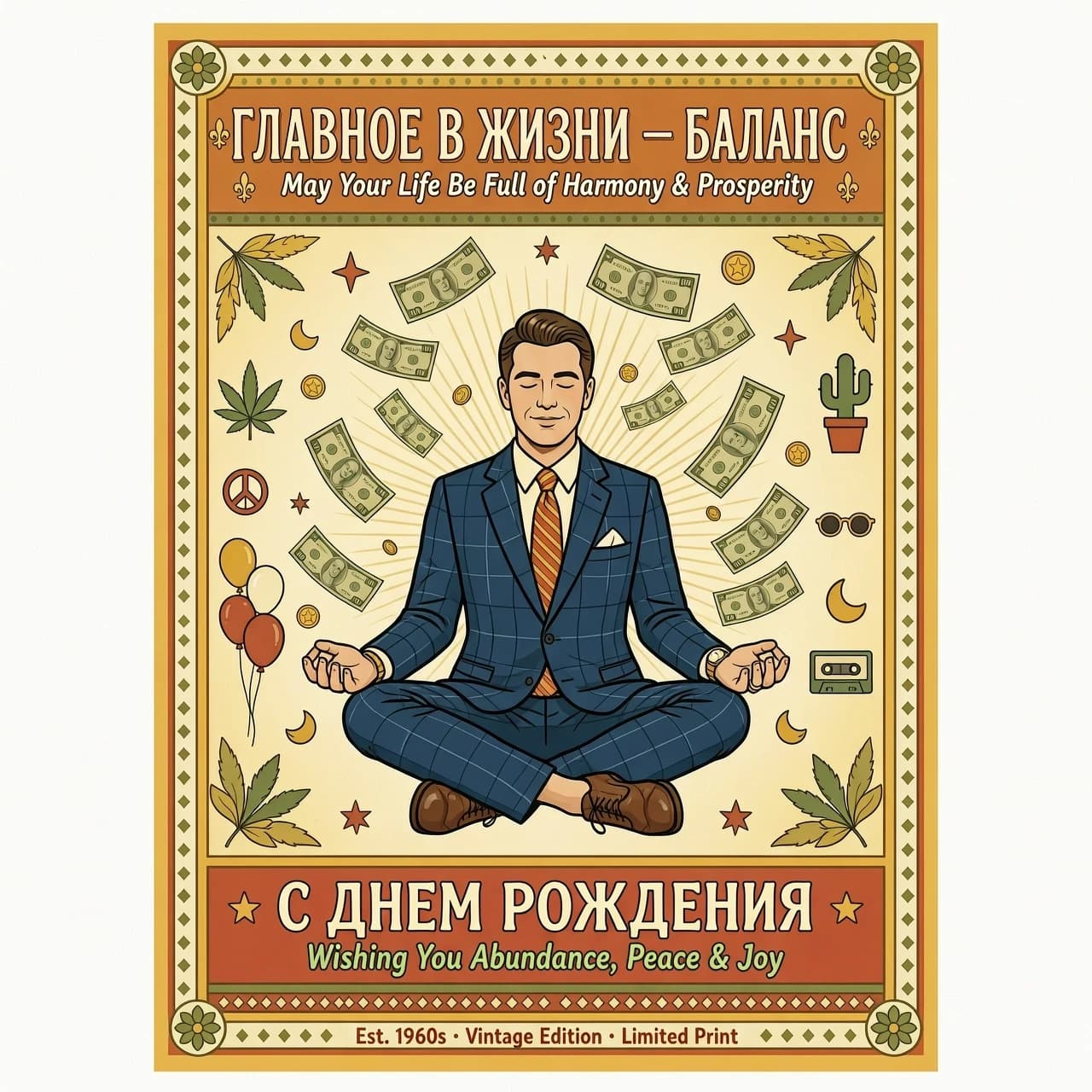 На изображении представлен белый мужчина в офисном костюме, сидящий в классической позе лотоса. Вокруг медитирующего мужчины в воздухе парят денежные купюры различных номиналов. Купюры словно спускаются сверху, создавая ощущение потока благополучия и успеха.

Цветовая гамма:
В стиле 70-х годов в Америке

Надпись:
Над изображением красивым шрифтом надпись: «ГЛАВНОЕ В ЖИЗНИ - БАЛАНС». 
Под изображением надпись : «С ДНЕМ РОЖДЕНИЯ «

Изображение в стиле 60- годов в Америке