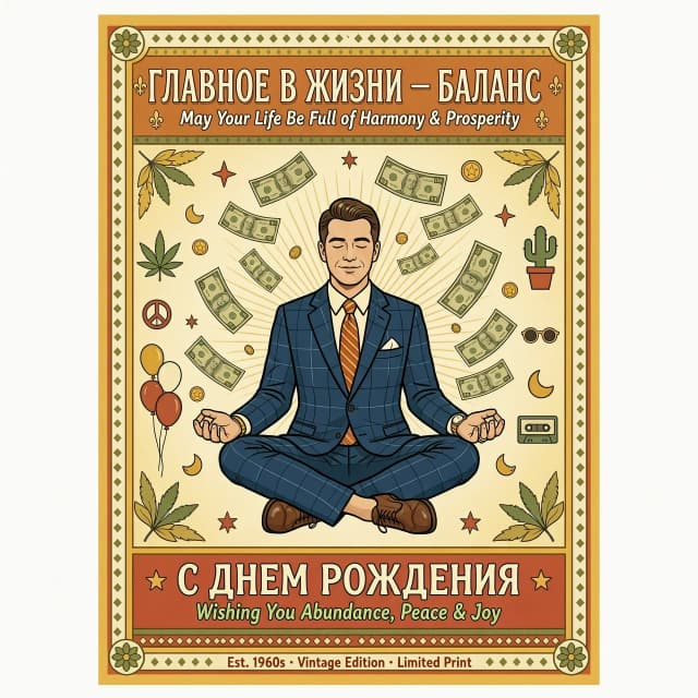 На изображении представлен белый мужчина в офисном костюме, сидящий в классической позе лотоса. Вокруг медитирующего мужчины в воздухе парят денежные купюры различных номиналов. Купюры словно спускаются сверху, создавая ощущение потока благополучия и успеха.

Цветовая гамма:
В стиле 70-х годов в Америке

Надпись:
Над изображением красивым шрифтом надпись: «ГЛАВНОЕ В ЖИЗНИ - БАЛАНС». 
Под изображением надпись : «С ДНЕМ РОЖДЕНИЯ «

Изображение в стиле 60- годов в Америке