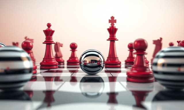 изогнутое глянцевое пространство из шахматных клеток, шахматные фигуры, зеркальные полосатые шары, сюрреализм, вектор