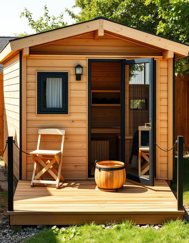 Vertical photo, 3:4 aspect ratio, a small compact wooden outbuilding that is a luxury sauna. It features a tiny outdoor wooden deck veranda attached. On the deck are two simple lounge chairs and a decorative wooden bucket. The facade is natural thermowood with dark metal trim. Backyard garden, bright morning sun, no house, only the small sauna building.