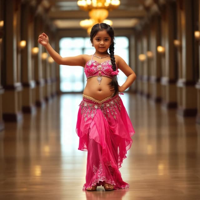front view chubby belly dancer girl in pink costume brunette one long braid hair stand in hall