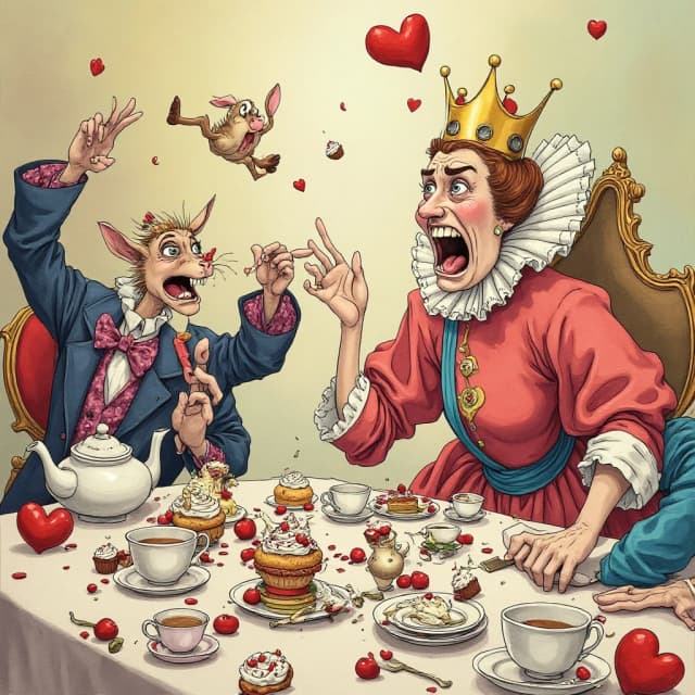 (masterpiece:1.8, acrylic painting:1.5, best quality:1.6, ultra-detailed:1.6). A bizarre and funny image (of the Queen of Hearts), who, sitting at a crazy tea table, angrily exclaims: "Off your head!' (Off with their heads!). The reason for her anger may have been a bad croquet game or too much sugar in her tea. (She's sitting at the head of a table strewn with ridiculous teapots and mountains of cakes, her crown slightly askew.) The Queen's face is red with annoyance, with puffed cheeks and wide-open eyes that look more offended than truly angry. (She points her finger with such effort that she looks like she's about to knock over her tea).
(Around her are the Hatter and the March Hare, who comically jump up and down in "fright," but at the same time try to hold on to their cups and cupcakes. Sonya may have poked her head out of the kettle, clearly annoyed by the noise. The card guards nearby may be awkwardly retreating, tripping over table legs or dropping their halberds). The tea table is a mess of flying cupcakes, spilled tea, and tumbling teacups.
The lighting is light and airy, creating a light, almost pastel mood. The overall atmosphere is a light, funny mess, where the Queen's anger is more of a familiar but theatrical act. Detailed watercolor or pastel illustration, playful composition, soft but saturated colors, light strokes, digital painting. Inspired by Quentin Blake's dynamic illustrations and Mary Blair's vibrant style.