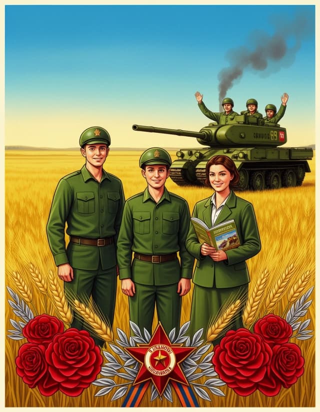 An endless wheat field, with a red combine harvester in the background; next to it, a T-62 tank with its engine running, a wisp of smoke rising; the tank crew, wearing their helmets, wave in greeting. 
In the foreground, at the centre of the composition, are three figures: on the left, a young tractor driver in work clothes, looking confidently straight at the viewer;
in the centre, a smiling tank crew member; on the right, a female agronomist holding a magazine with its cover facing the viewer. At the bottom is a decorative arrangement: the Order of the Red Star, a St George’s Ribbon, red carnations, silver laurel leaves and lush ears of wheat. 
IArt style: vibrant Soviet Victory Day postcard, festive propaganda poster aesthetics, rich saturated colors, bright azure sky, warm golden sunlight, vivid red carnations, glowing wheat fields, emerald military greens, polished highlights, high contrast, clean detailed illustration, watercolor and gouache mixed with glossy retro postcard finish, heroic optimistic mood, cinematic lighting, no dull gray tones, no muted colors.