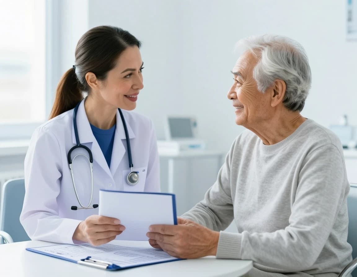 Photorealistic healthcare stock photograph of a compassionate female doctor consulting with an elderly male patient in a bright modern clinic, warm eye contact, authentic empathetic interaction, medical chart with no readable text, clean realistic interior, natural daylight, subtle facial expressions, realistic skin texture, professional commercial photography, high detail, no brand logos,