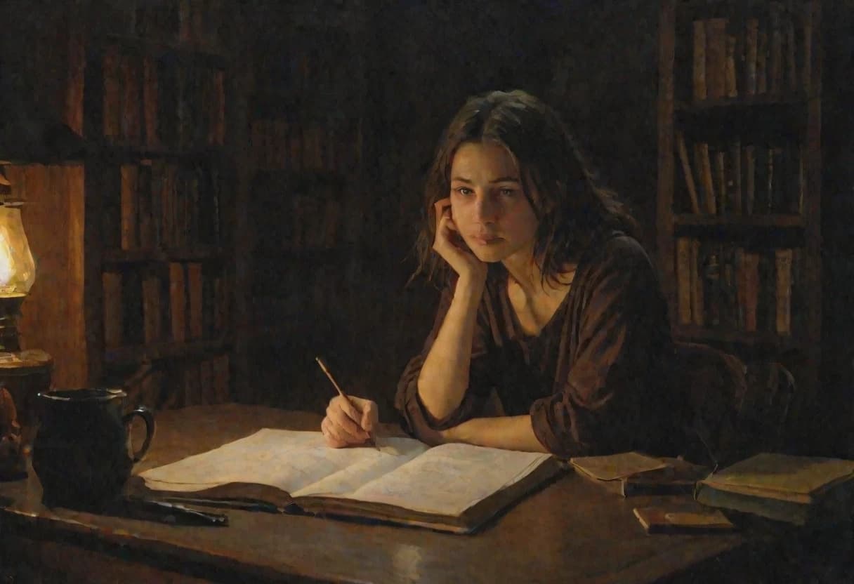 Young woman with shoulder-length brunette hair and fair skin sitting alone in dark cozy study late at night, surrounded by old books, cold tea cup on desk, tired and contemplative expression, soft lamp light casting warm pool on table, deep shadows in corners, atmosphere of exhaustion and inner emptiness, oil painting style, thick visible brushstrokes, heavy impasto technique, textured canvas, emotional depth inspired by 19th century Russian realist painters: Ivan Kramskoi psychological portraits, Isaac Levitan night mood, muted earthy palette: warm amber light, deep blue-grey shadows, dusty brown books, cinematic volumetric lighting, soft focus on face to avoid uncanny valley, shallow depth of field, quiet melancholic mood, no text, no distorted limbs --ar 16:9 --stylize 350