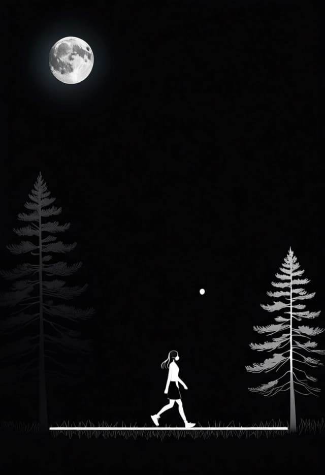 a black background, a horizontal white line, a small silhouette of a girl with a thin white line in profile, calmly walking along the white line. Against the background of a pine tree, the moon above them. Minimalism
