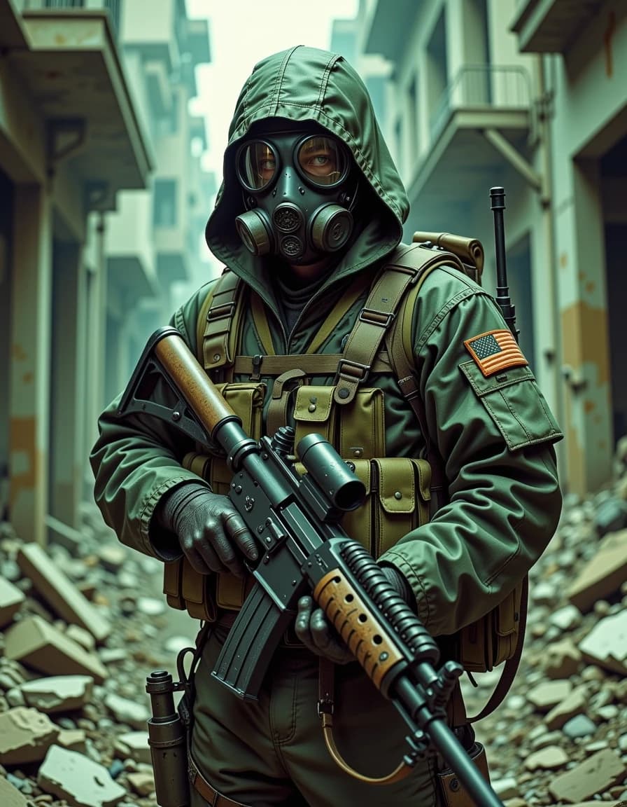 A masterpiece,  in the style of the 1980s, with bold lines, dynamic strokes and rich textures, on background with a touch of nostalgia, perhaps with subtle drawings inspired by cellulose and vintage, worn textures similar to paper, oil painting,  cinematic post-apocalyptic scene of a lone soldier standing amid crumbling concrete ruins and rebar, wearing a weathered hooded field suit and full-face gas mask with reflective visor, holding a heavy belt-fed machine gun with visible linked ammunition and tactical attachments. Moody, desaturated green-gray color palette, heavy volumetric fog and dust, dramatic rim and backlighting that silhouettes the figure while revealing wet, gritty fabric textures, scratches and scuffs on metal, and worn leather gloves. Ultra-detailed fabric seams, buckles, pouches, and realistic specular highlights on the mask and weapon, shallow depth of field with crisp subject and softened ruined background, cinematic composition centered vertical, moody film grain, high dynamic range, photoreal texture detail, dramatic atmosphere, epic, tense, silent moment. hdr