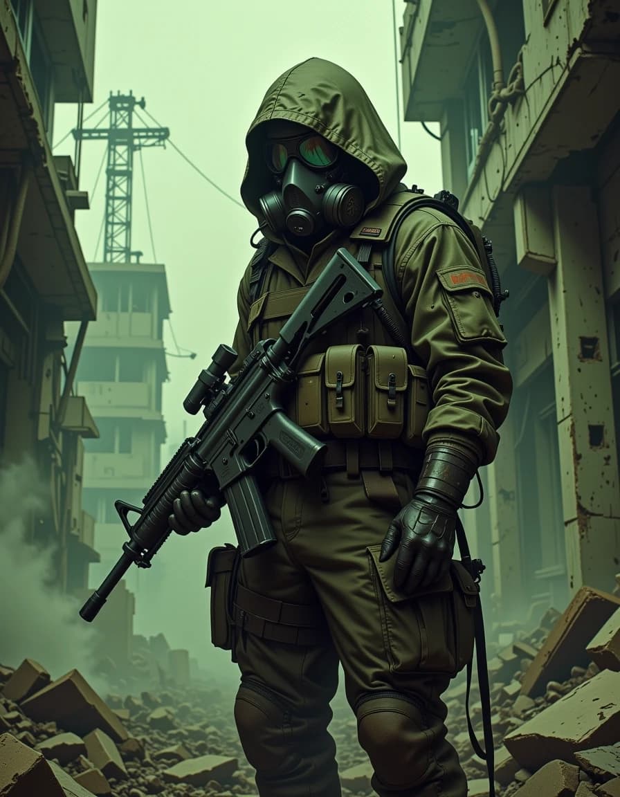 A masterpiece,  in the style of the 1980s, with bold lines, dynamic strokes and rich textures, on background with a touch of nostalgia, perhaps with subtle drawings inspired by cellulose and vintage, worn textures similar to paper, oil painting,  cinematic post-apocalyptic scene of a lone soldier standing amid crumbling concrete ruins and rebar, wearing a weathered hooded field suit and full-face gas mask with reflective visor, holding a heavy belt-fed machine gun with visible linked ammunition and tactical attachments. Moody, desaturated green-gray color palette, heavy volumetric fog and dust, dramatic rim and backlighting that silhouettes the figure while revealing wet, gritty fabric textures, scratches and scuffs on metal, and worn leather gloves. Ultra-detailed fabric seams, buckles, pouches, and realistic specular highlights on the mask and weapon, shallow depth of field with crisp subject and softened ruined background, cinematic composition centered vertical, moody film grain, high dynamic range, photoreal texture detail, dramatic atmosphere, epic, tense, silent moment. hdr