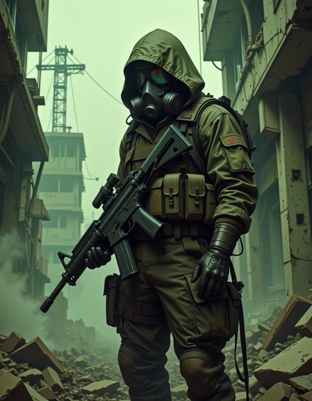 A masterpiece,  in the style of the 1980s, with bold lines, dynamic strokes and rich textures, on background with a touch of nostalgia, perhaps with subtle drawings inspired by cellulose and vintage, worn textures similar to paper, oil painting,  cinematic post-apocalyptic scene of a lone soldier standing amid crumbling concrete ruins and rebar, wearing a weathered hooded field suit and full-face gas mask with reflective visor, holding a heavy belt-fed machine gun with visible linked ammunition and tactical attachments. Moody, desaturated green-gray color palette, heavy volumetric fog and dust, dramatic rim and backlighting that silhouettes the figure while revealing wet, gritty fabric textures, scratches and scuffs on metal, and worn leather gloves. Ultra-detailed fabric seams, buckles, pouches, and realistic specular highlights on the mask and weapon, shallow depth of field with crisp subject and softened ruined background, cinematic composition centered vertical, moody film grain, high dynamic range, photoreal texture detail, dramatic atmosphere, epic, tense, silent moment. hdr