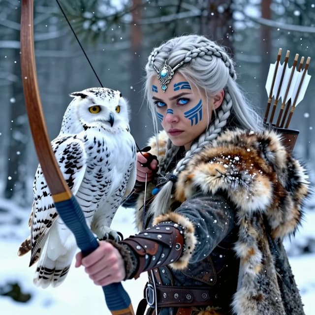 Cinematic medium shot of a fierce female archer, piercing ice-blue eyes, intricate braided silver-blonde hair, dark blue tribal war paint on face, ornate silver forehead tiara, wearing a thick fur-lined leather cloak. She is holding a large majestic snowy owl perched on her leather-bracer-covered forearm, holding a wooden bow in the other hand, quiver full of arrows with white fletching on her back. Snowy pine forest background, cold winter atmosphere, blue color grading, falling snow, shallow depth of field, blurred background, photorealistic, 8k resolution, epic fantasy movie still, dramatic lighting, sharp focus on eyes, highly detailed.