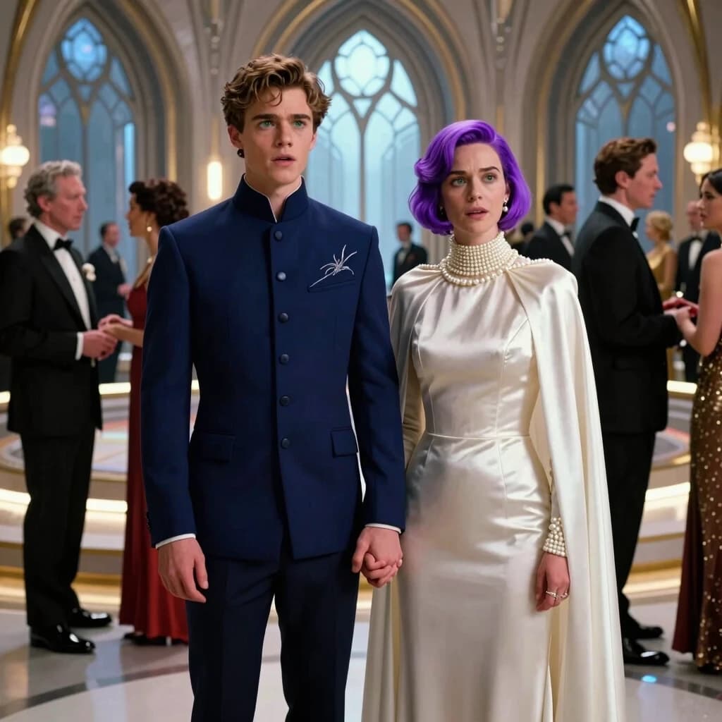 Cinematic film still, live-action movie shot. A handsome young 24-year-old green-eyed male and a beautiful young woman with short stylish purple hair, undercover as an aristocratic Alderaan married couple at a luxury gala on the planet Serenno. The man is wearing a formal midnight-blue structured aristocratic tunic with a high mandarin collar and subtle silver embroidery. The woman is wearing an elegant pearl-white high-collar silk evening gown with a flowing cape from her shoulders. They are holding hands, looking slightly embarrassed but trying to maintain noble posture. In the background, a luxurious futuristic ballroom with high arches, gothic sci-fi windows, and wealthy galactic politicians talking. Rich ambient lighting, photorealistic, shot on 35mm lens, high detailed.