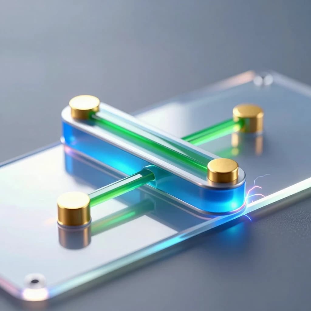A hyper‑realistic scientific 3D illustration of a single organic field‑effect transistor with a bottom gate and top contacts of the following structure (from bottom to top): a flexible transparent PET substrate, a continuous aluminum gate, a thin translucent blue layer of aluminum oxide dielectric, a thin green single‑crystal organic semiconductor, two gold contacts for the source (on the left) and the drain (on the right), with a distance between them that is 10 times greater than the thickness of the semiconductor layer. The device emits a slight internal glow, indicating the flow of current through the channel. Macro photography, extreme close‑up, shallow depth of field with focus on the active layers. Cold, directional studio lighting from above combined with soft backlighting from below through a substrate to accentuate the gate‑dielectric interface. Reflections with ray tracing, caustics, and electric field aura effects around the contacts. A clean, high‑tech atmosphere, a sterile environment, no contact pads. 8K resolution, complex microscopic details, photorealistic textures.
