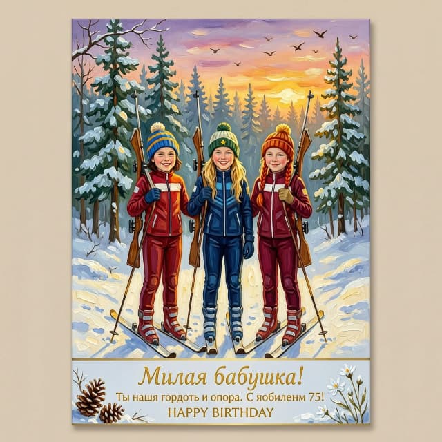 Beautiful oil painting style greeting card for grandmother's 75th birthday. Three young girls in biathlon racing suits, standing on skis in a snowy winter forest, each holding a biathlon rifle over their shoulder. One girl has short dark hair, the second has long blonde hair in a ponytail, the third has red hair with two braids, all wearing colorful winter hats. They are smiling warmly at the viewer. Snow-covered pine trees in background, soft winter sunset light. At the bottom of the image, elegant golden Cyrillic text: «Милая бабушка! Ты наша гордость и опора. С юбилеем 75!» and «HAPPY BIRTHDAY» below. Color palette: crisp white snow, deep red and navy blue suits, warm golden sunset glow, soft pink and purple sky. Style: impressionist painting, visible brush strokes, nostalgic family portrait, warm emotional mood, 8k. Aspect ratio: 9:16. Exactly three girls, no more, no less. No text errors."